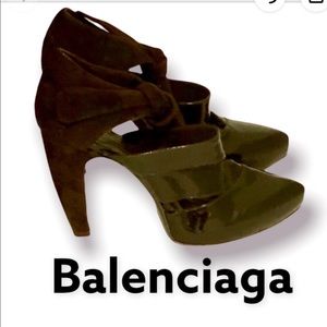 Authentic Balenciaga Paris brown suede & patent leather heels pumps Sz 7